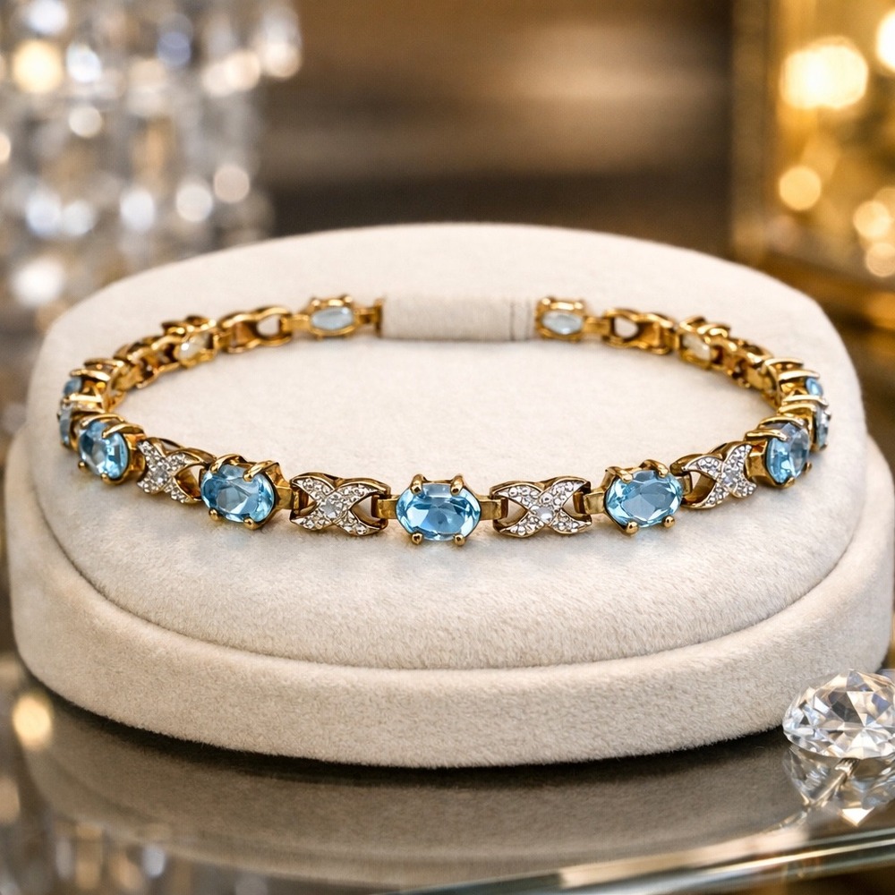 Sterling Silver Blue Topaz XO Hugs & Kisses Gold Tone Tennis Bracelet 6.5 Inch